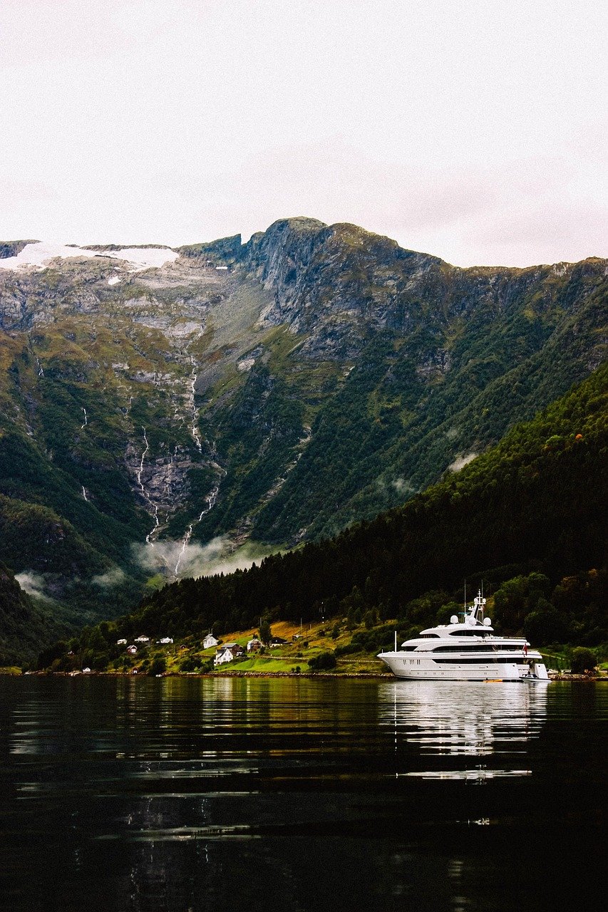 norway, fjord, landscape, nature, mountains, water, canyon, outdoor, ship, bay, tourism, outdoors, reflections, lake, scenic, tranquil, travel, cruise, cruise ship, yacht, fall, autumn, vacation, boat, leisure